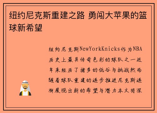 纽约尼克斯重建之路 勇闯大苹果的篮球新希望