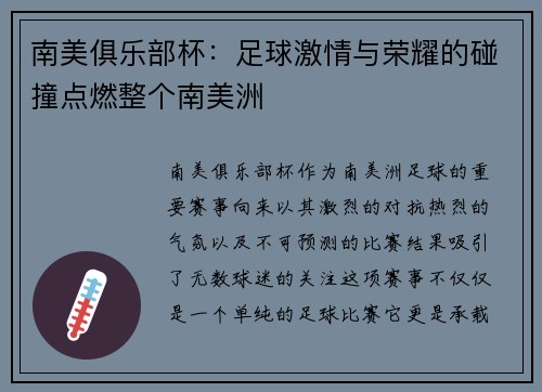 南美俱乐部杯：足球激情与荣耀的碰撞点燃整个南美洲