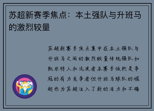 苏超新赛季焦点：本土强队与升班马的激烈较量